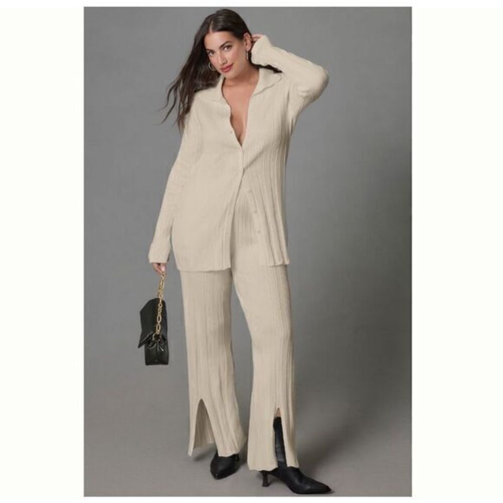 Anthropologie Flare Knit Trousers White Bell Bottom Ribbed Pants NWT XL Daily